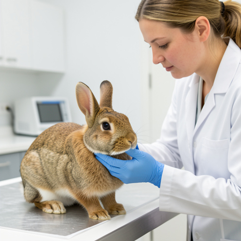 Un lapin domestique présentant un gonflement localisé sous la mâchoire est examiné avec douceur par une vétérinaire dans une salle de consultation.