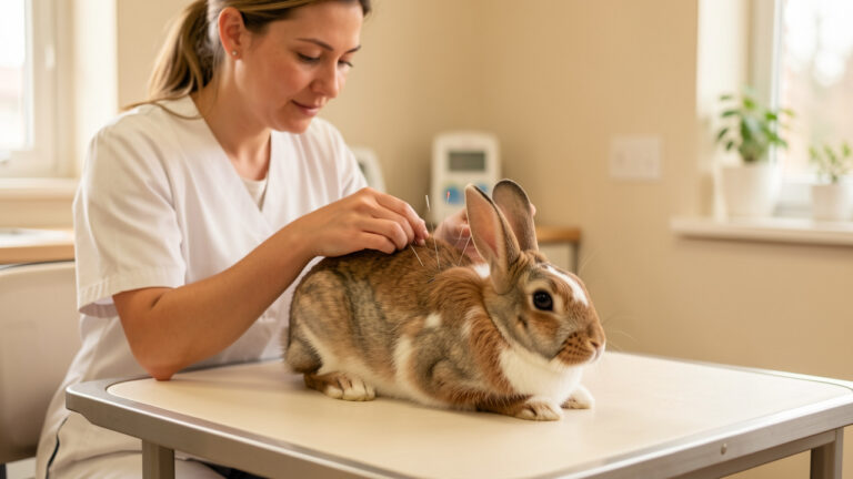 Un lapin calme reçoit une séance d’acupuncture réalisée avec douceur par une vétérinaire dans une clinique propre et lumineuse.
