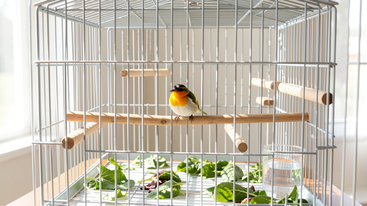 Petit oiseau coloré installé dans une cage spacieuse, propre et bien aérée, avec perchoirs en bois, eau fraîche et verdure.