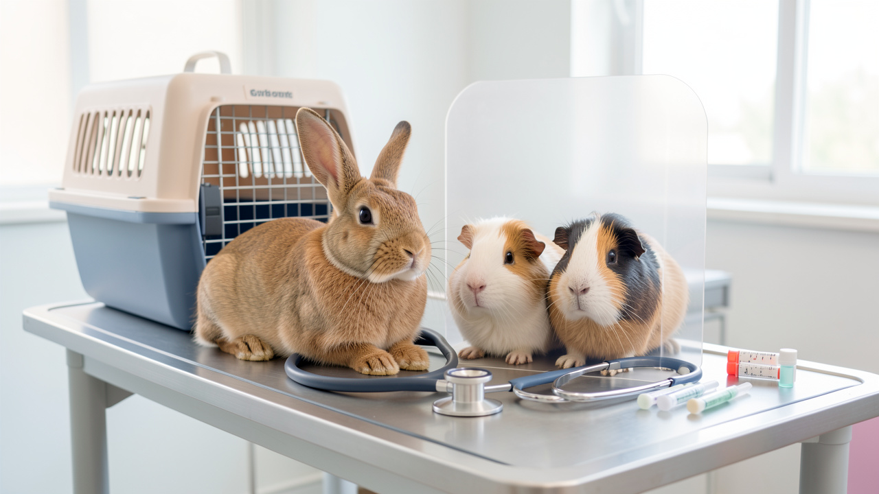 Un lapin et un cochon d’Inde en bonne santé dans une clinique vétérinaire, entourés d’accessoires de soins symbolisant la protection de leur santé.
