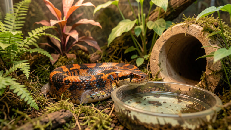 Boa arc-en-ciel en bonne santé dans un terrarium propre et humide, près d’une cachette et d’un point d’eau, au début de sa mue.
