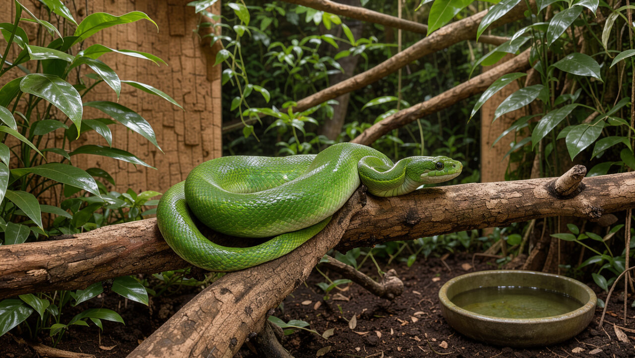 Boa canin en bonne santé installé sur une branche dans un terrarium tropical propre, aménagé avec des plantes, des perchoirs, de l’écorce et une coupelle d’eau.