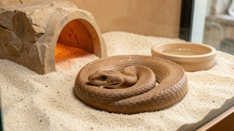 Boa des sables en bonne santé, lové dans un terrarium propre avec du sable, une cachette chauffée et une coupelle d’eau.