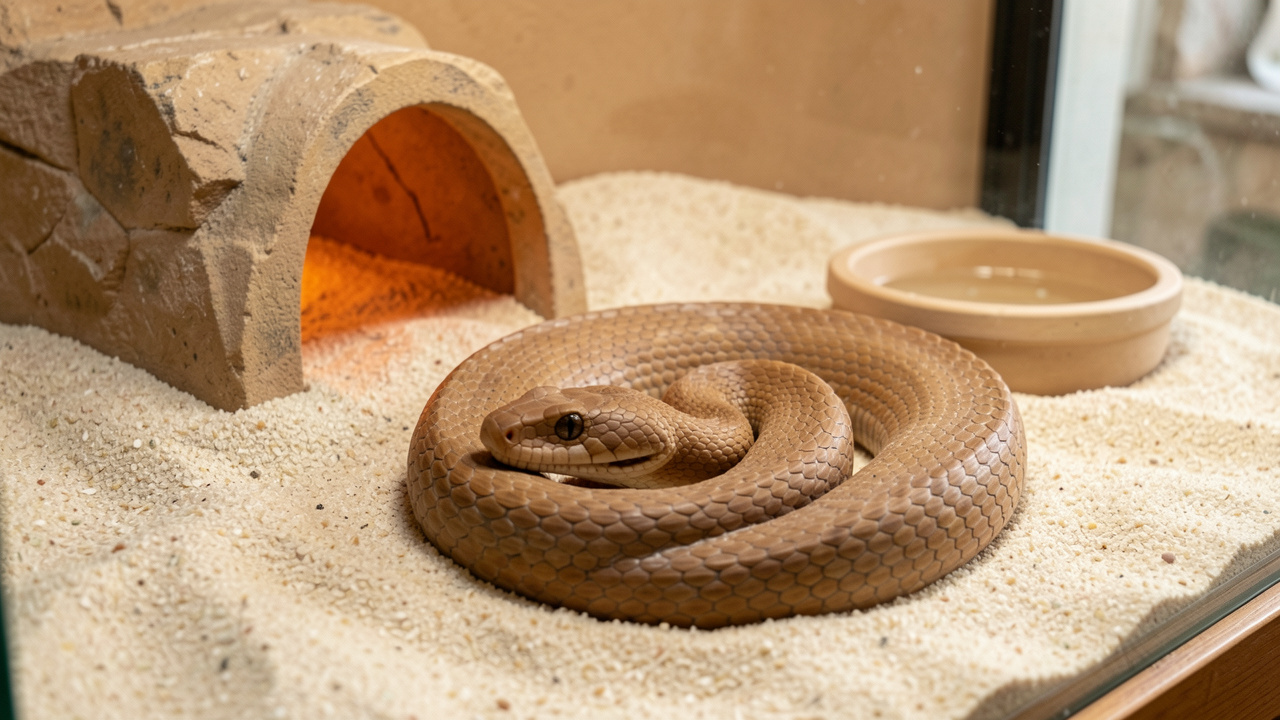 Boa des sables en bonne santé, lové dans un terrarium propre avec du sable, une cachette chauffée et une coupelle d’eau.