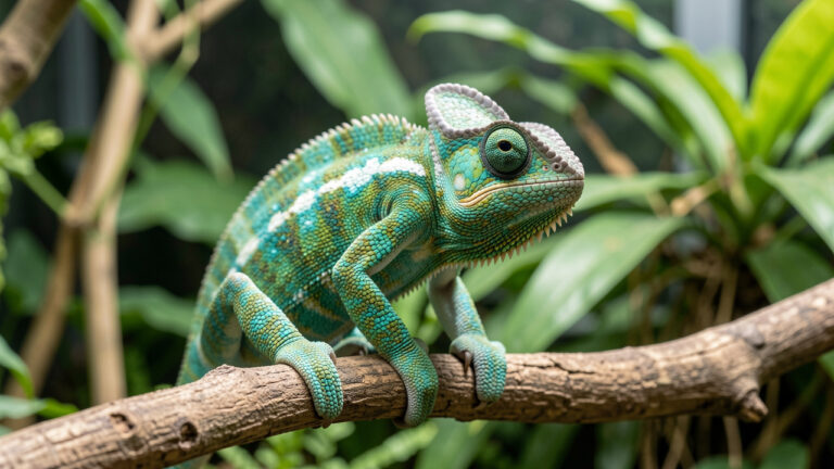 Caméléon casqué du Yémen perché sur une branche, aux couleurs vertes et turquoise, dans un environnement végétalisé.