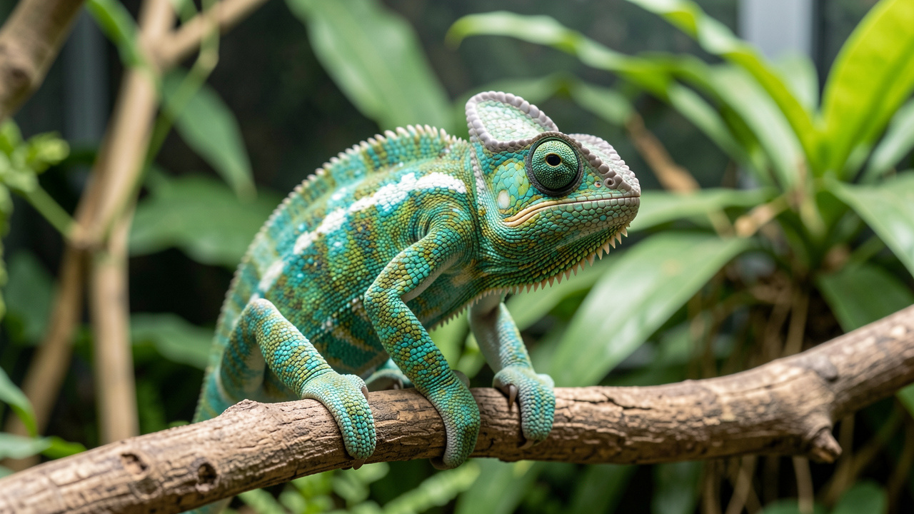 Caméléon casqué du Yémen perché sur une branche, aux couleurs vertes et turquoise, dans un environnement végétalisé.