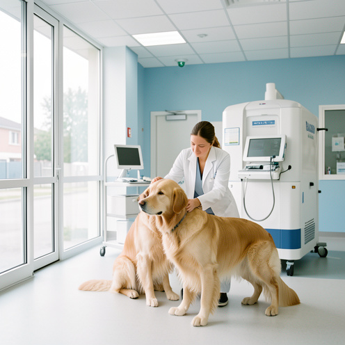 Une vétérinaire examine doucement un golden retriever dans l’espace moderne et lumineux d’un centre hospitalier vétérinaire à Reims.