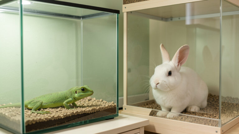 Un anolis vert dans un terrarium propre et un lapin dans un enclos intérieur sécurisé, installés côte à côte dans une maison.