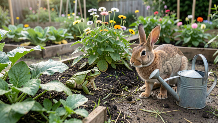 Un crapaud vert et un lapin brun explorent prudemment un jardin luxuriant parmi les feuilles humides, les fleurs et les plantations.