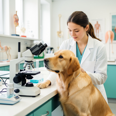Une jeune étudiante en médecine vétérinaire examine doucement un golden retriever dans un laboratoire universitaire équipé de matériel pédagogique.