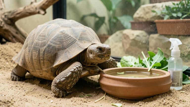 Tortue dans un habitat chauffé, près d’un récipient d’eau peu profond et de végétaux frais, illustrant les signes possibles de déshydratation et l’importance d’une hydratation rapide.