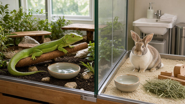 Un dragon d’eau vert et un lapin calme installés dans des habitats séparés et impeccablement propres, avec des accessoires désinfectés et un espace d’hygiène organisé.