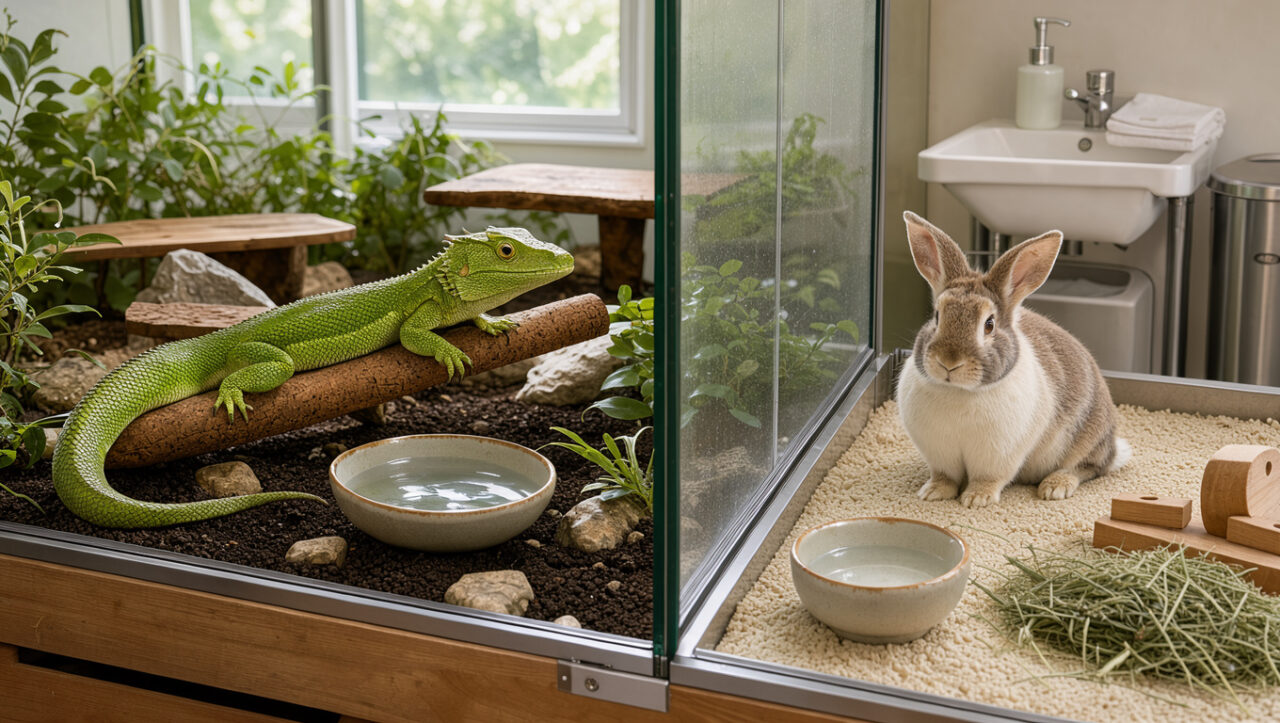 Un dragon d’eau vert et un lapin calme installés dans des habitats séparés et impeccablement propres, avec des accessoires désinfectés et un espace d’hygiène organisé.