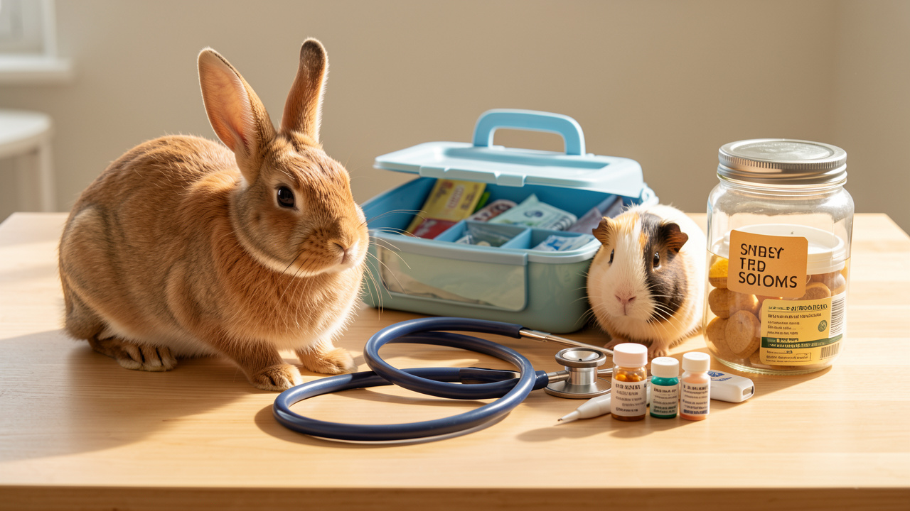Un lapin et un cochon d’Inde entourés d’accessoires de soins vétérinaires et d’un pot d’épargne sur une table en bois.