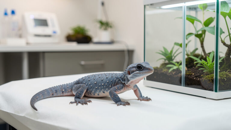 Gecko tokay posé calmement dans un environnement de soins vétérinaires, près d’un terrarium propre et d’éléments botaniques naturels.