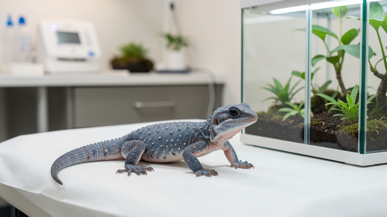 Gecko tokay posé calmement dans un environnement de soins vétérinaires, près d’un terrarium propre et d’éléments botaniques naturels.