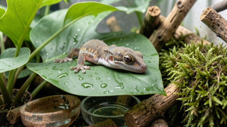 Gecko à crête dans un terrarium humide, entouré de feuilles couvertes de gouttelettes, d’un petit récipient d’eau et de mousse, illustrant les signes possibles de déshydratation et les bons gestes de protection.