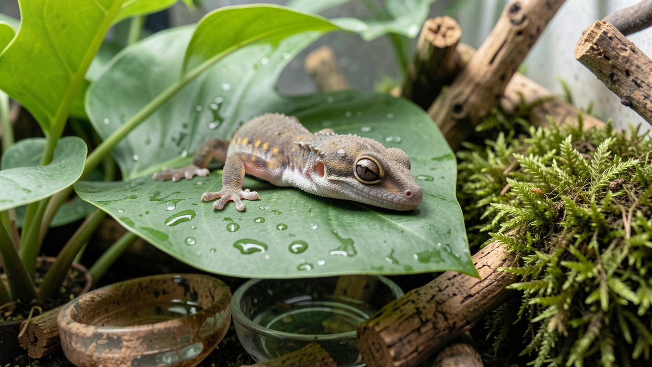 Gecko à crête dans un terrarium humide, entouré de feuilles couvertes de gouttelettes, d’un petit récipient d’eau et de mousse, illustrant les signes possibles de déshydratation et les bons gestes de protection.