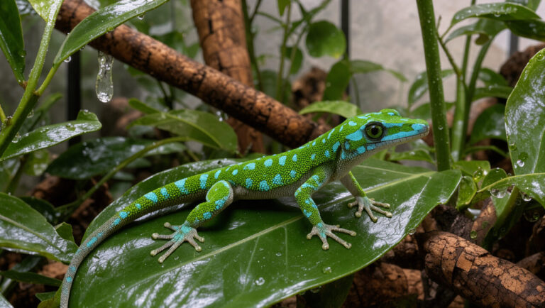 Gecko diurne de Madagascar vert vif posé sur une feuille dans un terrarium propre, aménagé avec des plantes tropicales, des branches et des gouttes d’eau.