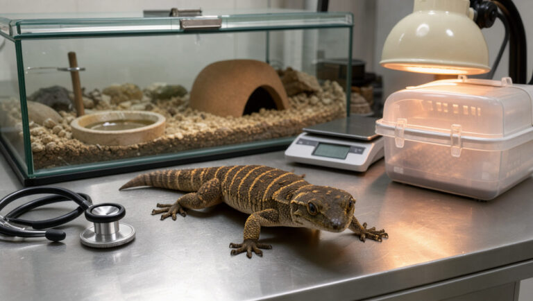 Gecko à queue grasse posé sur une table de consultation vétérinaire, entouré d’accessoires de soins, d’un terrarium sécurisé et d’une lampe chauffante.