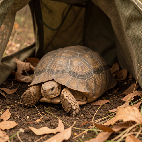 Tortue Hermann reposant dans un abri isolé préparé pour son hibernation, entourée de feuilles sèches et de terre.