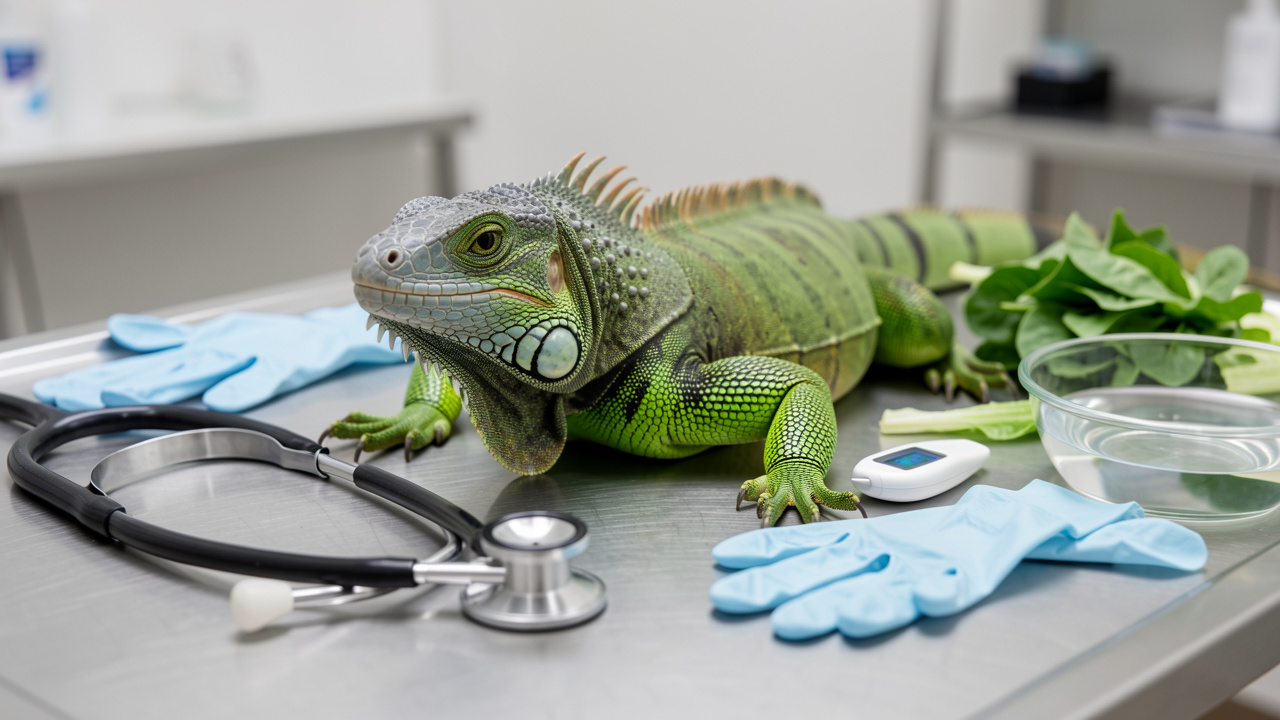 Iguane vert en bonne santé installé sur une table d’examen vétérinaire, entouré d’accessoires de soins et de légumes frais.