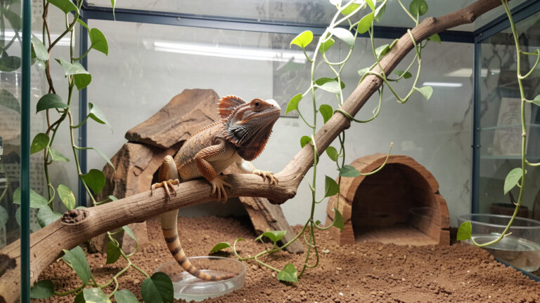 Lézard à collerette au repos dans un terrarium aménagé avec branches, plantes, zone chauffée, refuge ombragé et point d’eau.