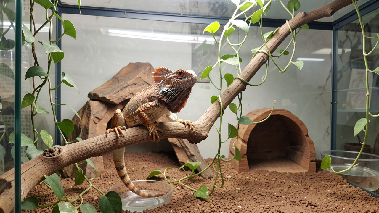 Lézard à collerette au repos dans un terrarium aménagé avec branches, plantes, zone chauffée, refuge ombragé et point d’eau.