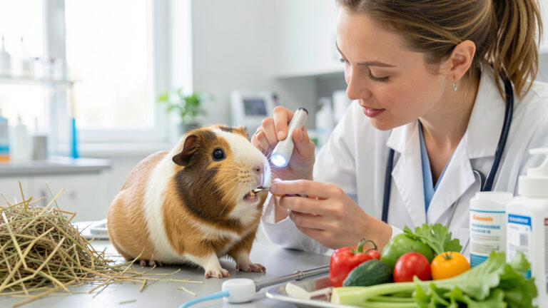 Un cochon d’Inde examiné avec douceur par une vétérinaire dans une clinique lumineuse, entouré de foin, de légumes frais et de matériel de soins.