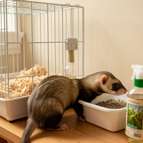 Furet en bonne santé toiletté près d’un espace propre et aéré, avec une litière rangée et de la litière fraîche.