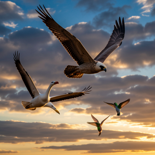 Un faucon pèlerin plonge rapidement dans le ciel tandis qu’un albatros plane et que des colibris restent en vol stationnaire, illustrant la diversité des capacités de vol des oiseaux.