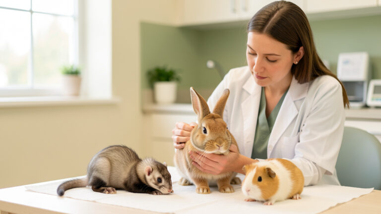 Vétérinaire examinant délicatement un lapin lors d’une consultation d’ostéopathie, avec un furet et un cochon d’Inde à proximité dans une clinique lumineuse.