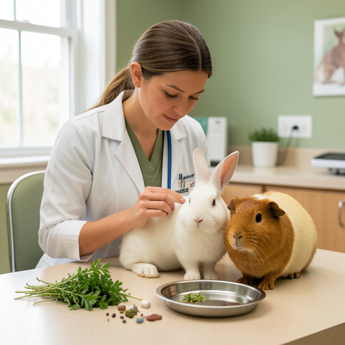 Une vétérinaire examine soigneusement un lapin près d’un cochon d’Inde, avec des plantes médicinales et du matériel vétérinaire disposés dans une clinique dédiée aux nouveaux animaux de compagnie.