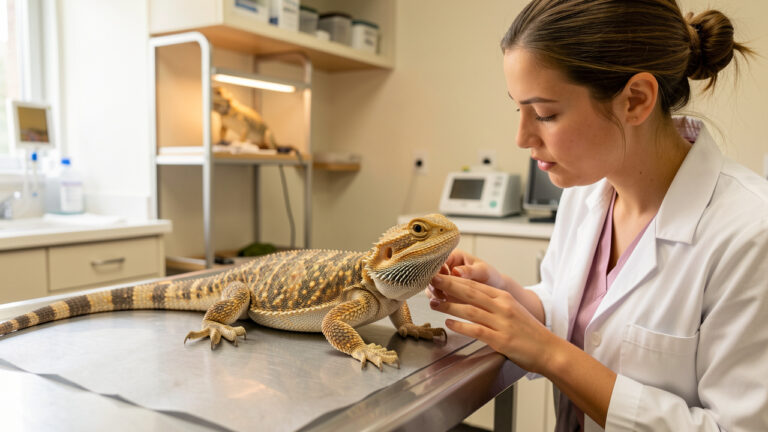 Un pogona observé avec attention par une vétérinaire NAC sur une table d’examen propre, dans une clinique spécialisée pour reptiles.