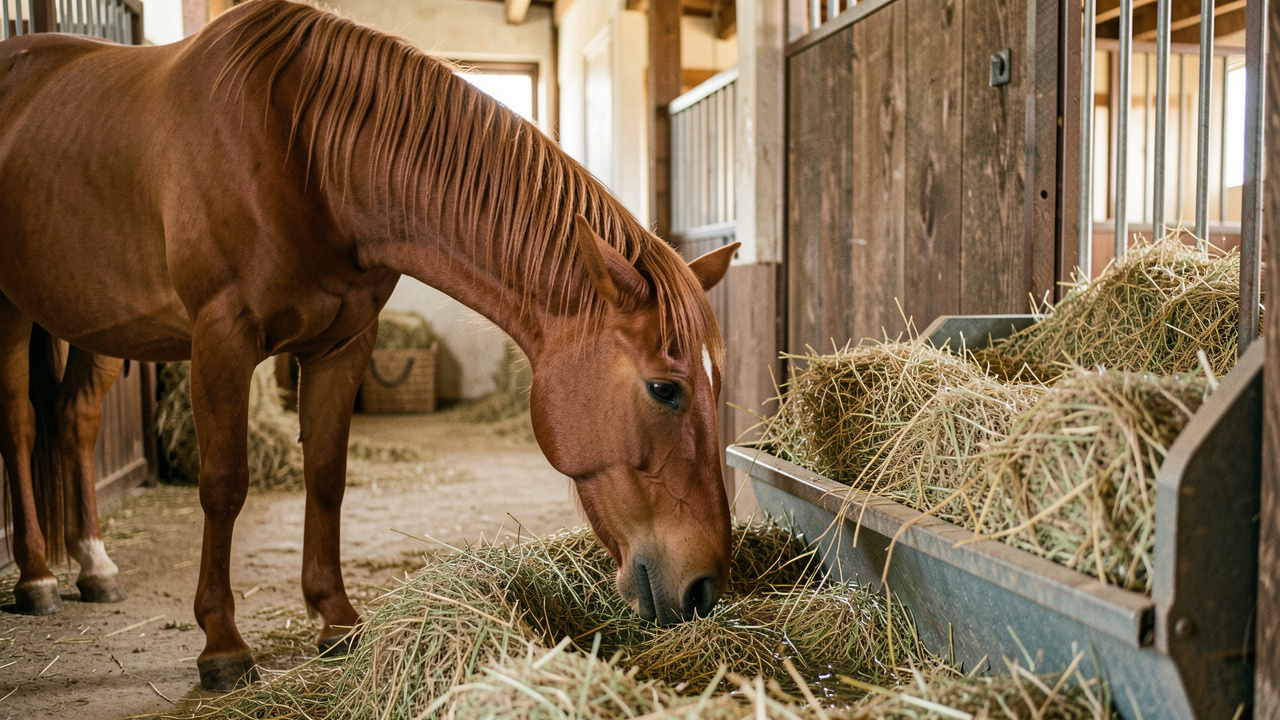 Cheval alezan en bonne santé buvant de l’eau fraîche près d’un râtelier de foin dans une écurie propre et bien entretenue.