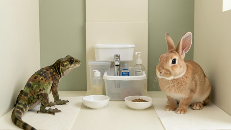 Un gecko gargouille et un lapin dans des espaces séparés et propres, entourés d’accessoires dédiés et de matériel d’hygiène pour prévenir les risques sanitaires.