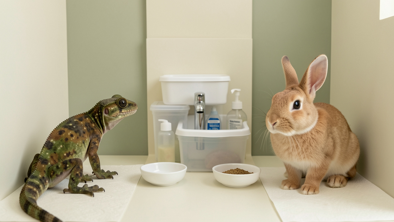 Un gecko gargouille et un lapin dans des espaces séparés et propres, entourés d’accessoires dédiés et de matériel d’hygiène pour prévenir les risques sanitaires.