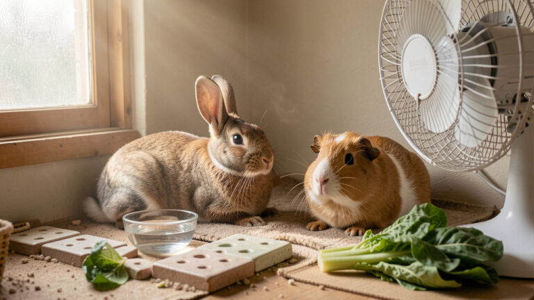 Un lapin et un cochon d’Inde se reposent dans un espace intérieur frais et ombragé, avec de l’eau, des plaques rafraîchissantes et un ventilateur placé à distance.