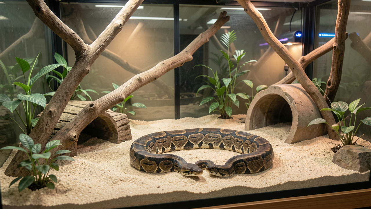 Python molure en bonne santé dans un terrarium propre et aménagé avec des zones adaptées à ses besoins.