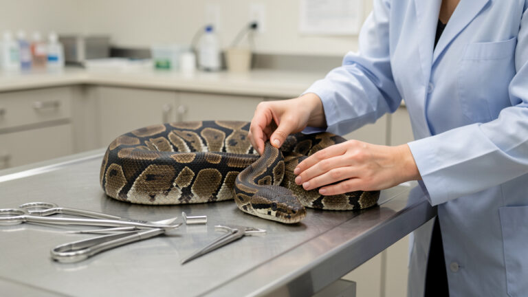 Python réticulé en bonne santé examiné délicatement par une vétérinaire dans une clinique spécialisée.