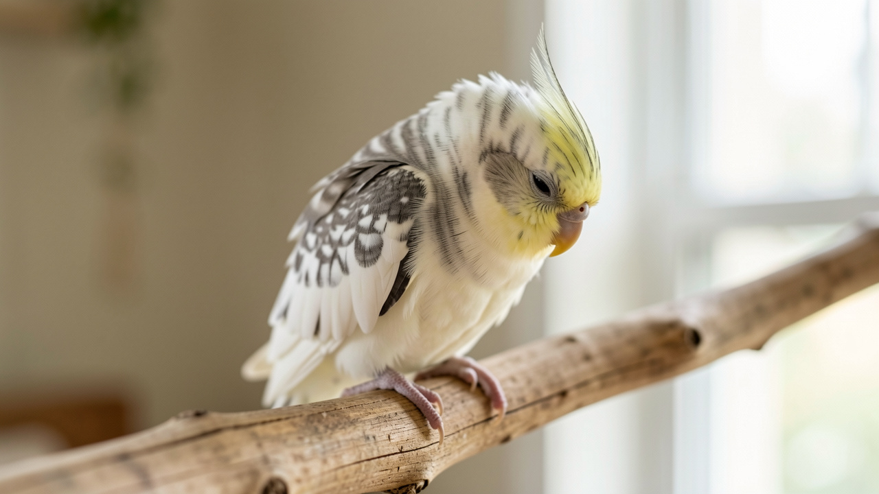 Calopsitte domestique perchée sur une branche, les plumes légèrement gonflées et la tête baissée, montrant des signes subtils d’inconfort.