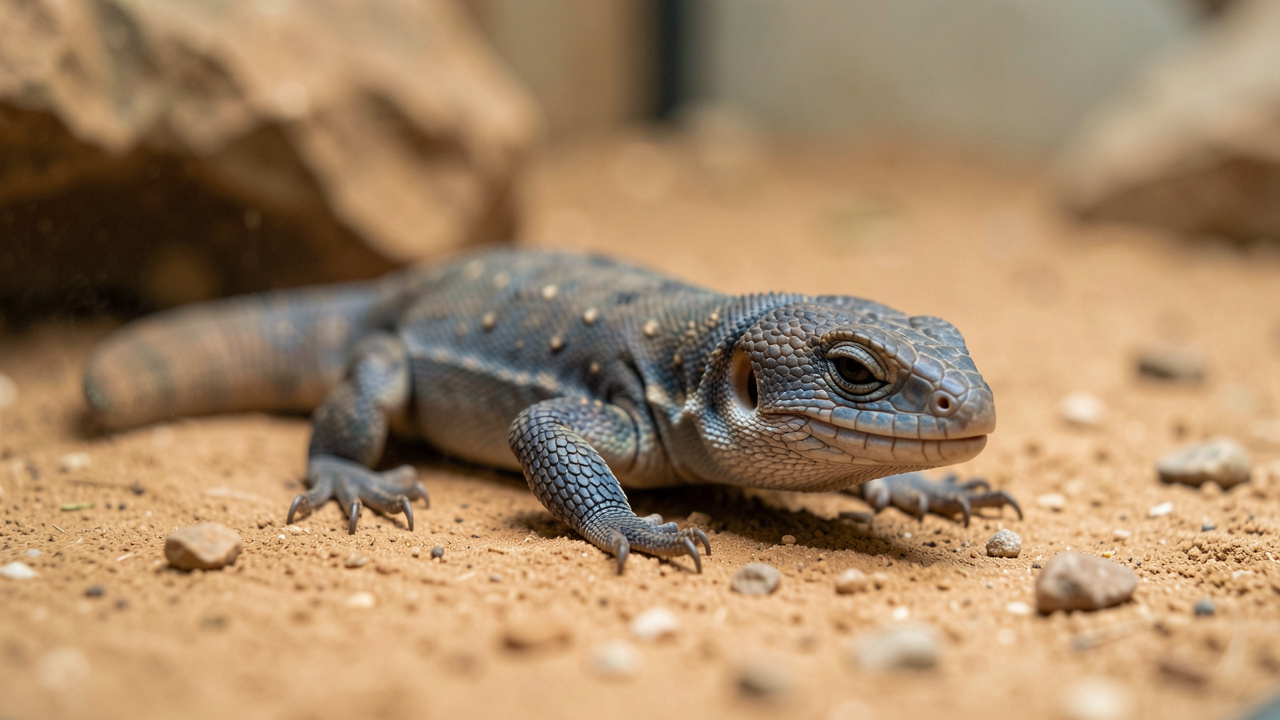 Scinque à langue bleue au repos dans un terrarium, présentant une attitude légèrement affaiblie et des écailles un peu ternes.