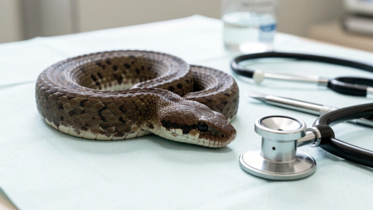 Serpent ratier observé sur une surface d’examen vétérinaire, avec un aspect légèrement terne et des outils de soins pour reptiles à proximité.