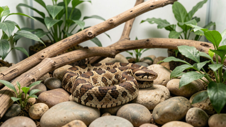 Serpent roi de Californie en bonne santé, installé dans un terrarium naturel avec des branches, des pierres et de la végétation.