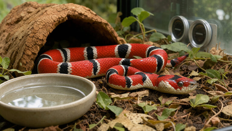 Serpent roi écarlate en bonne santé dans un terrarium propre avec abri en liège, feuillage, coupelle d’eau et instruments de contrôle de la température et de l’humidité.