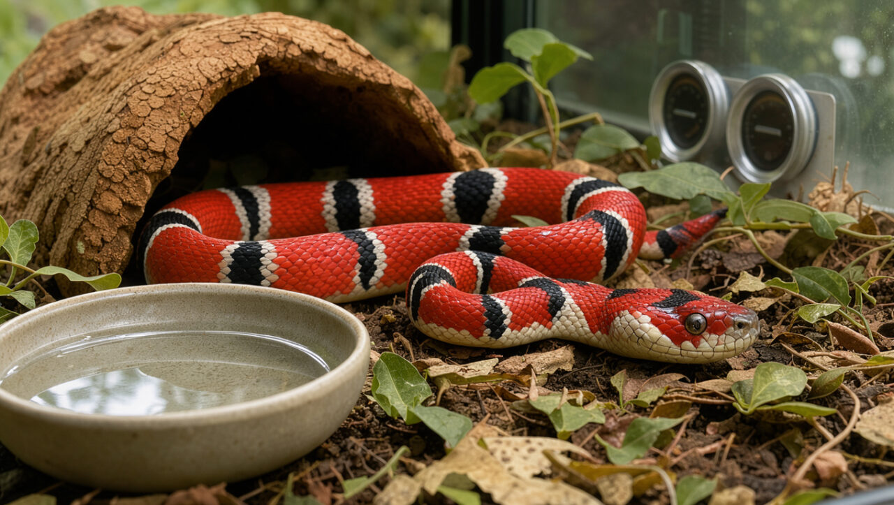 Serpent roi écarlate en bonne santé dans un terrarium propre avec abri en liège, feuillage, coupelle d’eau et instruments de contrôle de la température et de l’humidité.