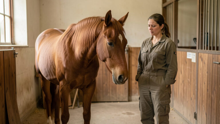 Cheval alezan observé par une vétérinaire dans une écurie propre, présentant de subtils signes d’inconfort comme une tête baissée, des oreilles en arrière et une posture tendue.