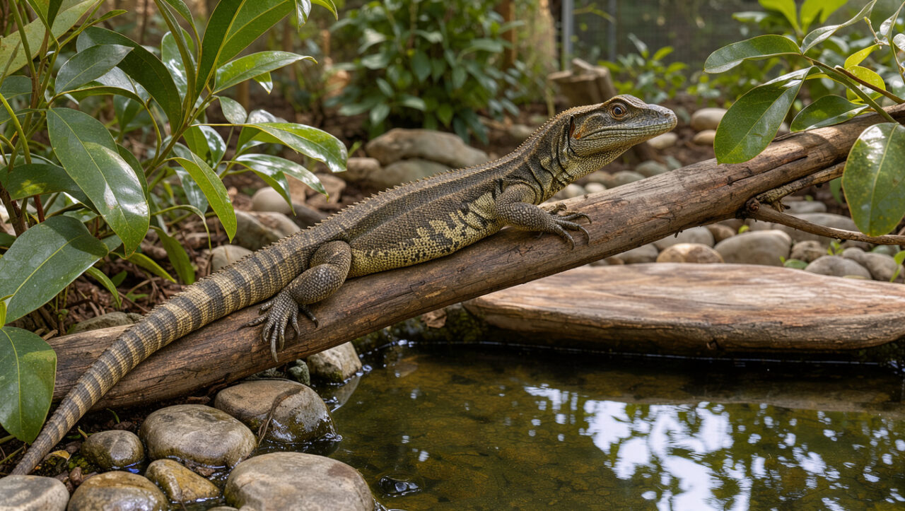 Dragon d’eau australien en bonne santé dans un habitat aménagé avec bassin propre, végétation, pierres et plateforme de repos.