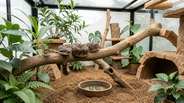 Python tapis en bonne santé installé sur une branche de liège dans un terrarium naturel propre, avec plantes, substrat, cachette et point d'eau.
