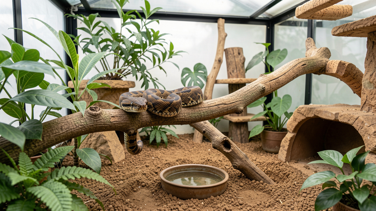 Python tapis en bonne santé installé sur une branche de liège dans un terrarium naturel propre, avec plantes, substrat, cachette et point d'eau.